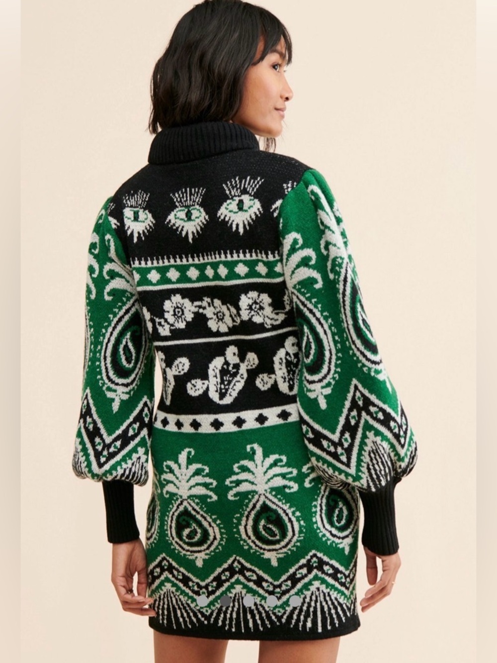 FARM Rio Black, Green & White Patterned Long-Sleeve Knit Dress - Picture 3 of 9